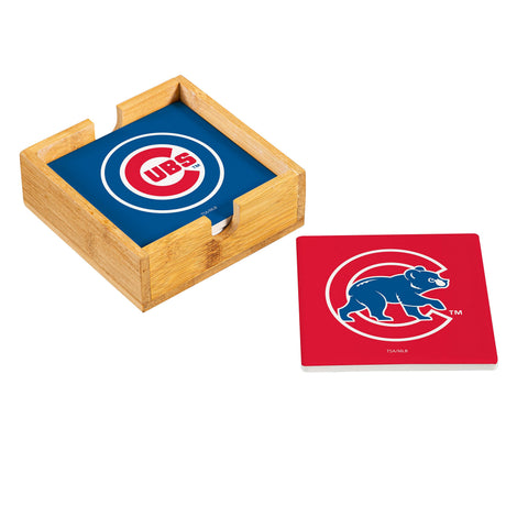 Chicago Cubs Coaster Set 4 Piece with Wood Caddy-0