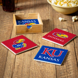 Kansas Jayhawks Coaster Set 4 Piece with Wood Caddy-1