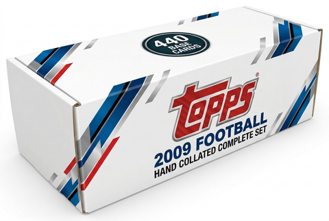2009 Topps Football hand collated complete set white storage box with large front Topps logo and one 440-card badge