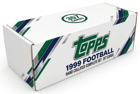 1999 Topps Football hand collated complete set storage box with green navy silver graphics and one 357-card badge