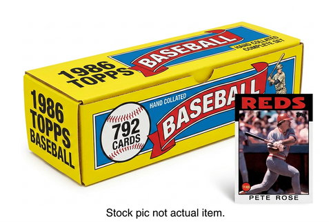 1986 Topps Baseball 792-card hand-collated complete set with corrected box-top graphics and Pete Rose card. Stock pic not actual item.