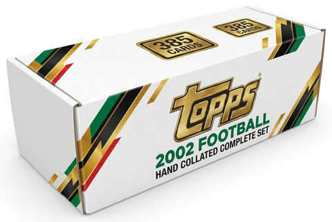 2002 Topps Football hand collated complete set storage box with green black red gold diagonal graphics and one 385-card badge