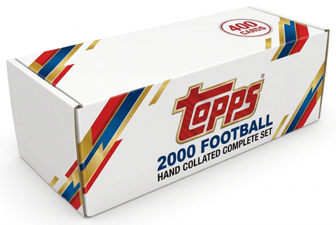 2000 Topps Football hand collated complete set storage box with blue red gold graphics and one 400-card badge